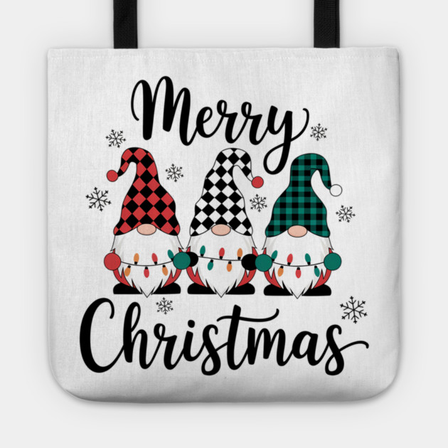 Merry Christmas Gnomes Buffalo Plaid Holiday Design Tote by Kathy Hawke