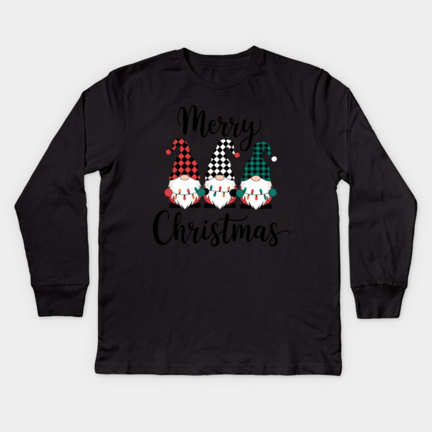 Merry Christmas Gnomes Buffalo Plaid Holiday Design Kids Long Sleeve T-Shirt by Kathy Hawke