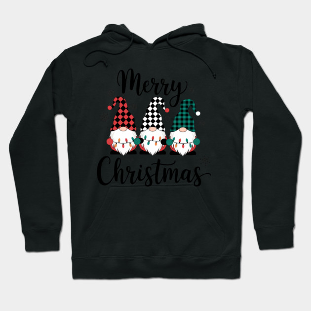 Merry Christmas Gnomes Buffalo Plaid Holiday Design Hoodie by Kathy Hawke
