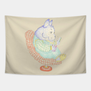 Cartoon Bear on Phone in Chair Tapestry