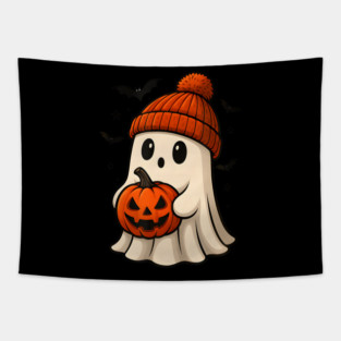 Ghost With Pumpkin And Bats For Halloween Party Tapestry
