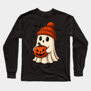 Ghost With Pumpkin And Bats For Halloween Party Long Sleeve T-Shirt