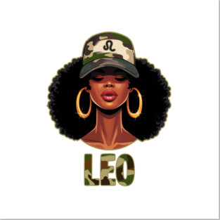 Leo Girl Black Woman With Cap Camo Afro Woman Zodiac Posters and Art