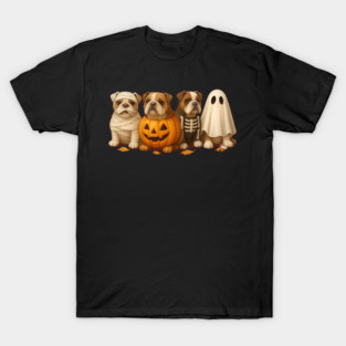 Spooky English Bulldog Squad – Pumpkin, Ghost & Skeleton Halloween T-Shirt