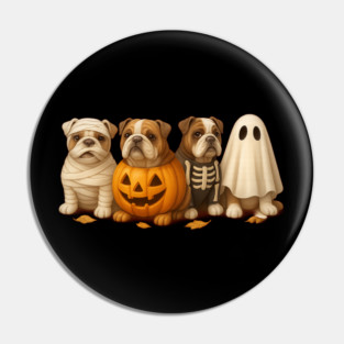 Spooky English Bulldog Squad – Pumpkin, Ghost & Skeleton Halloween Pin