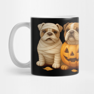 Spooky English Bulldog Squad – Pumpkin, Ghost & Skeleton Halloween Mug