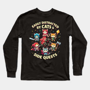 Easily Distracted Cats  Side Quests Cat Gamer Video Games Long Sleeve T-Shirt