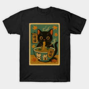 Black Cat Ramen Lucky Maneki Bowl Japanese Vintage Style Art T-Shirt