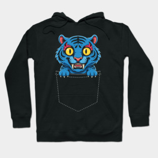 Derpy Blue Tiger Spirit in Pocket ~ Cute Kawaii Korean Inspired Creature with Silly Eyes, Demon Spirit Hoodie