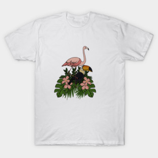 Toucan Bird Flamingo Bird Floral Palm Leaves T-Shirt