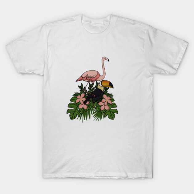 Toucan Bird Flamingo Bird Floral Palm Leaves T-Shirt by logiamerch