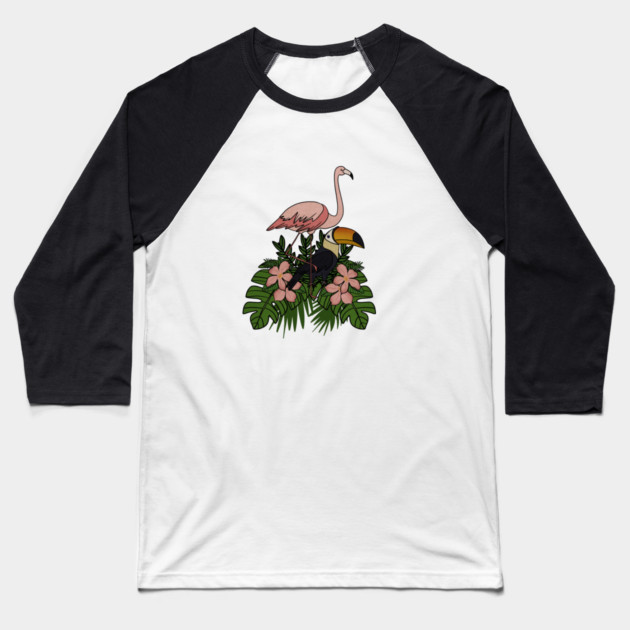 Toucan Bird Flamingo Bird Floral Palm Leaves Baseball T-Shirt by logiamerch