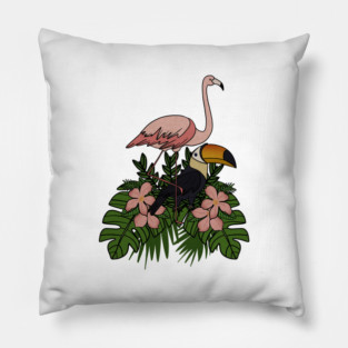 Toucan Bird Flamingo Bird Floral Palm Leaves Pillow