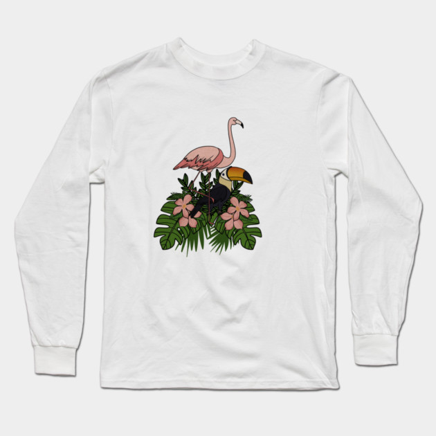 Toucan Bird Flamingo Bird Floral Palm Leaves Long Sleeve T-Shirt by logiamerch