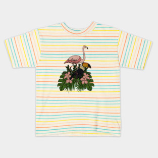 Toucan Bird Flamingo Bird Floral Palm Leaves Kids T-Shirt