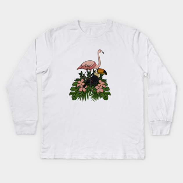Toucan Bird Flamingo Bird Floral Palm Leaves Kids Long Sleeve T-Shirt by logiamerch