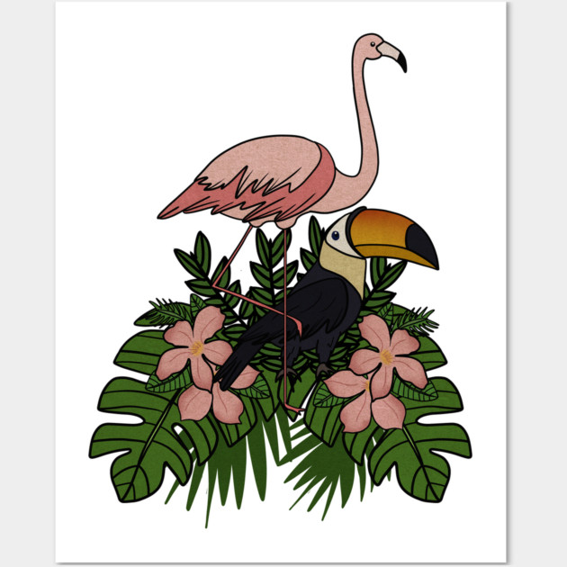 Toucan Bird Flamingo Bird Floral Palm Leaves Wall Art by logiamerch