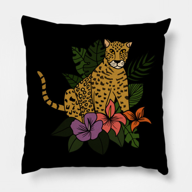 Jaguar Tropical Vibes Big Cat Floral Style Pillow by logiamerch