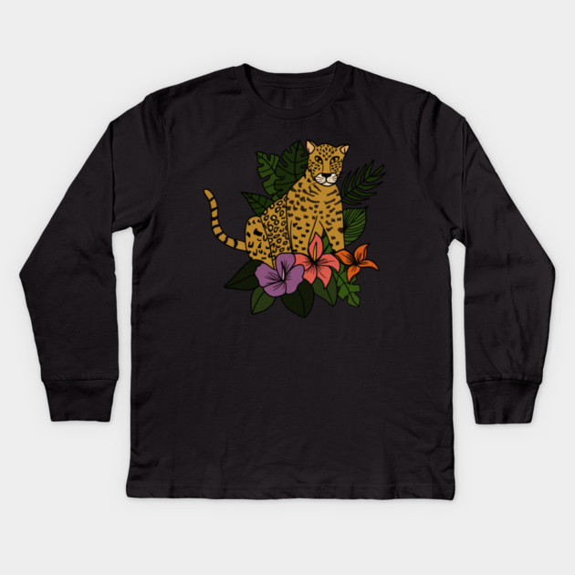 Jaguar Tropical Vibes Big Cat Floral Style Kids Long Sleeve T-Shirt by logiamerch