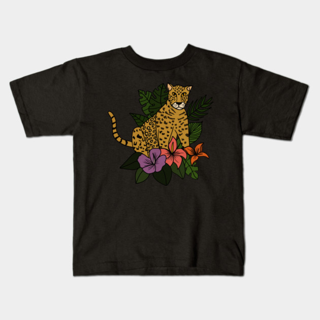 Jaguar Tropical Vibes Big Cat Floral Style Kids T-Shirt by logiamerch