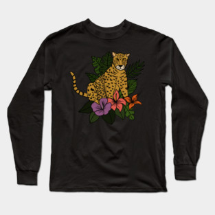 Jaguar Tropical Vibes Big Cat Floral Style Long Sleeve T-Shirt