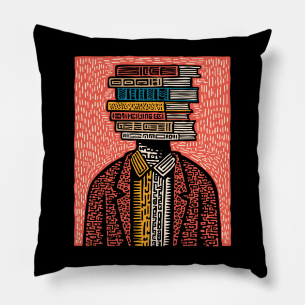 Surreal Book Head - A Portrait of the Bibliophile Pillow by TuncGK