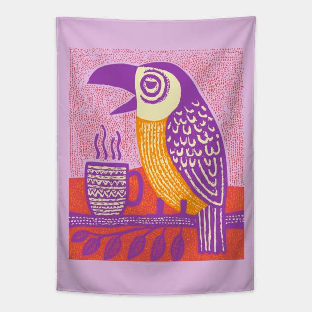 Quirky Coffee Bird - The Tropical Parrot Barista Tapestry by TuncGK
