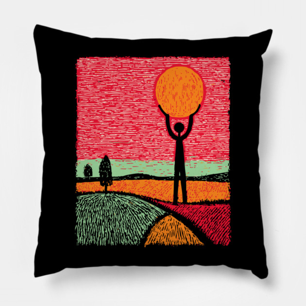 Folk Art Atlas - Carrying the Sun Pillow by TuncGK