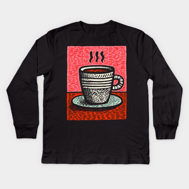 Woodcut Coffee Mug - A Tribute to the Morning Ritual Kids Long Sleeve T-Shirt by TuncGK