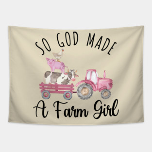 Pink Tractor Farm Animals Cow Pig Chicken Farmer Girl Watercolor Tapestry