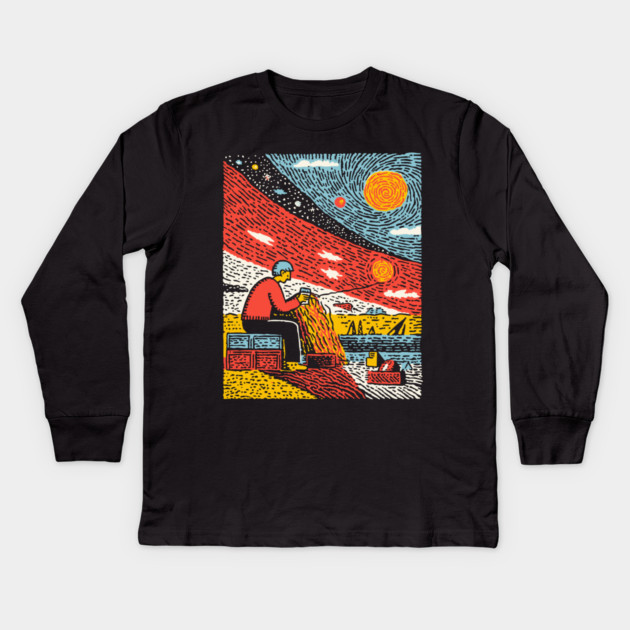 The Solitary Artisan - Knitting the Cosmic Tapestry Kids Long Sleeve T-Shirt by TuncGK