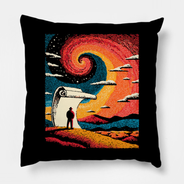 Unrolling the Night - The Cosmic Storyteller Pillow by TuncGK