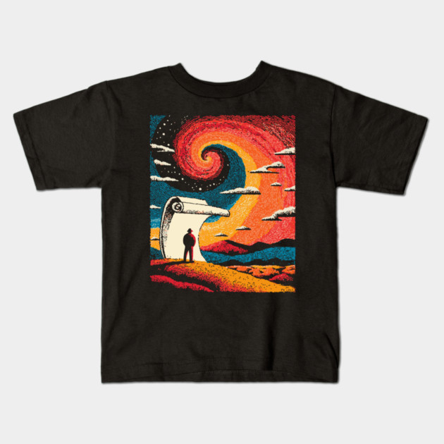Unrolling the Night - The Cosmic Storyteller Kids T-Shirt by TuncGK