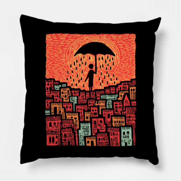 Melancholy Cityscape - A Shelter From the Rain Pillow by TuncGK