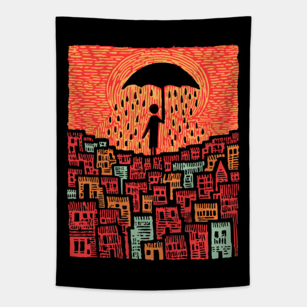Melancholy Cityscape - A Shelter From the Rain Tapestry by TuncGK