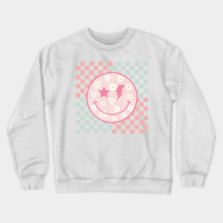 Pink Daisy Smiley Face Retro Groovy Checkerboard Preppy Crewneck Sweatshirt