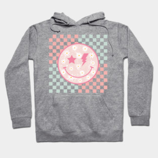 Pink Daisy Smiley Face Retro Groovy Checkerboard Preppy Hoodie