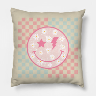 Pink Daisy Smiley Face Retro Groovy Checkerboard Preppy Pillow