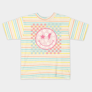 Pink Daisy Smiley Face Retro Groovy Checkerboard Preppy Kids T-Shirt