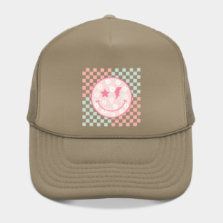 Pink Daisy Smiley Face Retro Groovy Checkerboard Preppy Hat