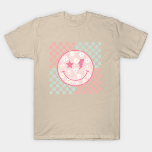Pink Daisy Smiley Face Retro Groovy Checkerboard Preppy T-Shirt