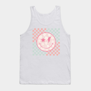 Pink Daisy Smiley Face Retro Groovy Checkerboard Preppy Tank Top