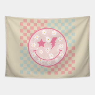 Pink Daisy Smiley Face Retro Groovy Checkerboard Preppy Tapestry