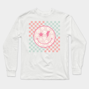 Pink Daisy Smiley Face Retro Groovy Checkerboard Preppy Long Sleeve T-Shirt