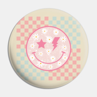 Pink Daisy Smiley Face Retro Groovy Checkerboard Preppy Pin