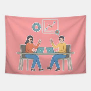 Business Meeting and Data Analysis - Team Collaboration of Minimalist Flat Vector Illustration Tapestry