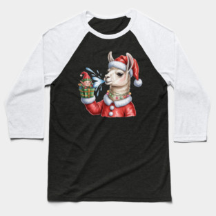 Funny Christmas Llama & Elf – Spitting Llama Holiday Art Baseball T-Shirt