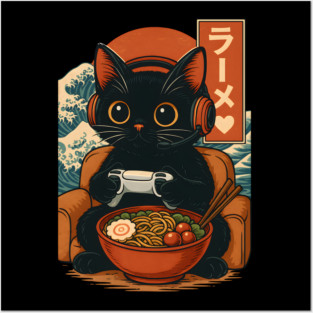 Cute Kawaii Gamer Cat Funny Ramen Japanese Cat Gaming Posters and Art