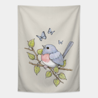 Little Bluebird and Butterflies Illustration Tapestry