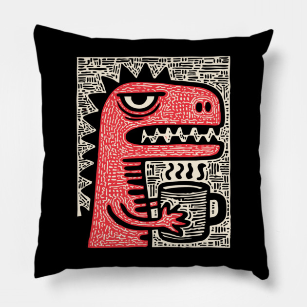 Absurdist Humor - The T-Rex Morning Coffee Pillow by TuncGK